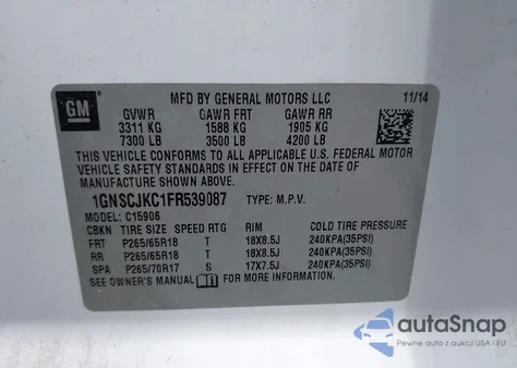 2015 Chevrolet Suburban 1500 Lt from USA, damaged, VIN 1GNSCJKC1FR539087